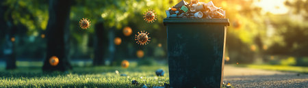 Virus rising from trash bin in public parkの素材