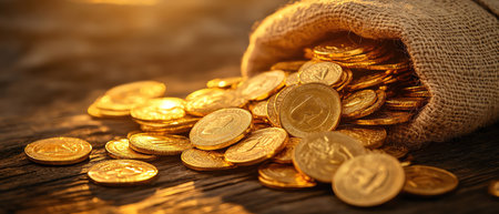 A Burlap sacks overflowing with shiny gold coins on a wooden tableの素材