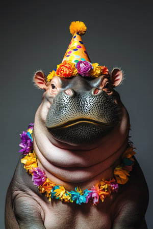 A cheerful hippopotamus celebrates in a party hat and a colorful necklace against a gray backdropの素材