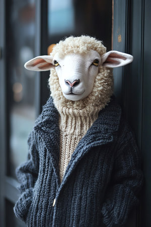 A charming sheep clad in a stylish sweater and jacket, exhibiting characterの素材