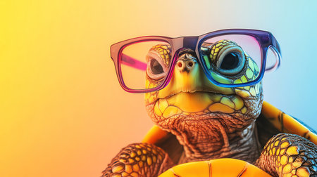 A cute turtle wearing colorful glasses against a soft gradient backgroundの素材