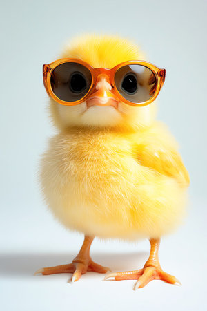 A cute yellow chick donning stylish sunglasses poses on a clean white background, exuding an air of cool confidenceの素材