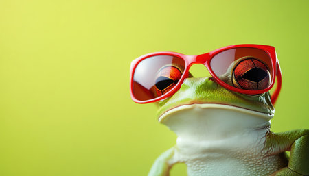 A green frog makes a bold fashion statement with oversized red sunglasses on a matching green backdropの素材