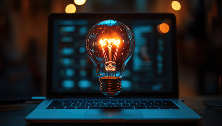 A glowing light bulb stands out on a laptop screen in a dark room, representing a bright idea or innovationの素材