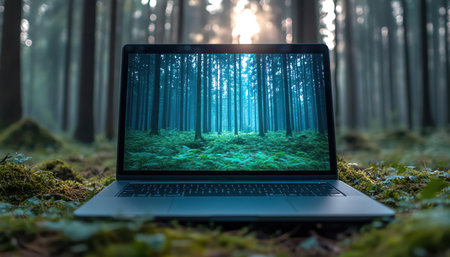 A laptop with a vibrant green naturethemed screen sits in a tranquil forest settingの素材