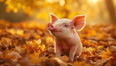 A playful piglet sits among crisp autumn leaves, basking in the warm sunlight of the seasonの素材