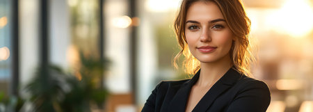 A poised and confident young businesswoman stands with arms crossed in a sunlit modern office, exuding leadership and professionalismの素材