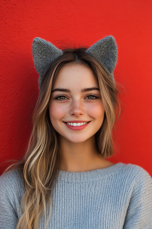 A joyful young woman with a playful cat ears headband smiling against a bright red backgroundの素材