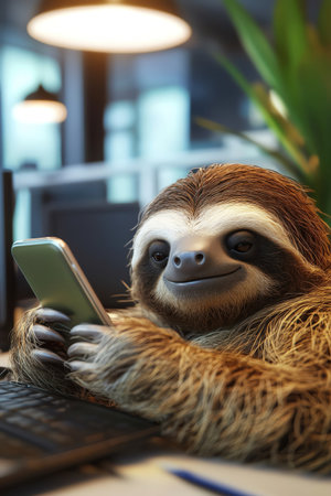 A relaxed sloth using a smartphone while comfortably settled in an office environmentの素材