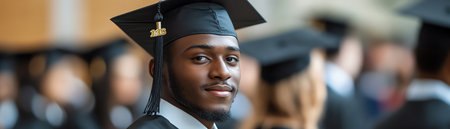 A solemn graduate in cap and gown stands among peers during a graduation ceremony, marking academic achievementの素材