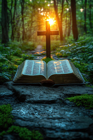 A symbolic cross and open Bible in the serene light of a forest at sunset, depicting faithの素材