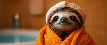 A sloth enjoys a moment of relaxation, sporting a spa robe and a towel wrapped around its head, against a warm orange backgroundの素材