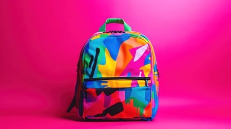 A vibrant, multicolored backpack against a pink backdrop, perfect for school or travelの素材