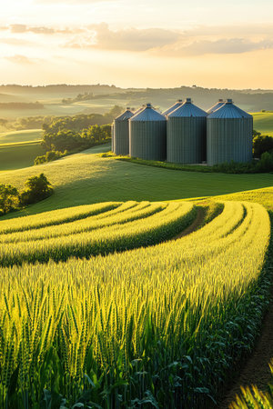 Modern agricultural silos stand amid green fields, highlighting the fusion of agriculture with sustainable energy sourcesの素材