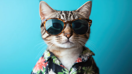 A laidback cat wearing trendy sunglasses and a floral shirt, chilling on a blue backgroundの素材