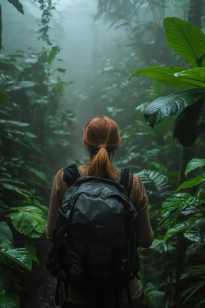 Back view of a woman hiking alone in a dense and misty rainforestの素材