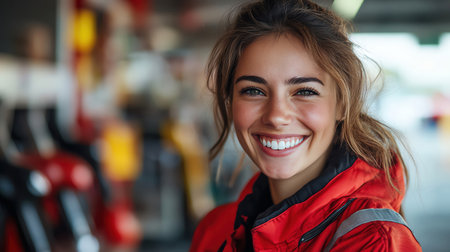 A cheerful gas station attendant in uniform smiling confidently while on duty at a fuel stationの素材