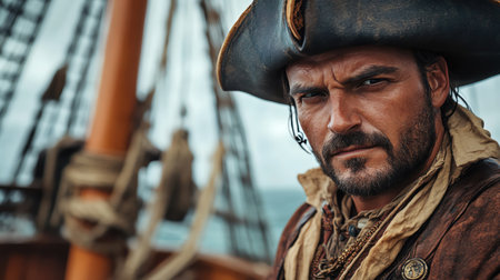A brooding pirate figure in historical attire posing on a vintage ship deck settingの素材