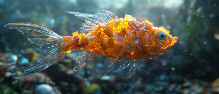 A conceptual depiction of plastic pollution in the ocean represented by a fish made of plasticの素材