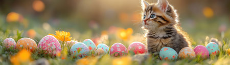 A curious kitten sits surrounded by colorful Easter eggs and a vibrant display of spring flowers in soft sunlightの素材