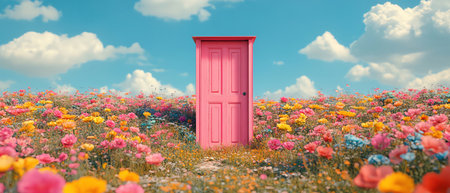 A vibrant and whimsical image featuring a mysterious pink door standing alone in the middle of a colorful field of flowers under a blue skyの素材