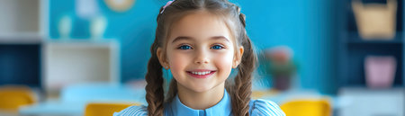 A smiling young schoolgirl in uniform sits happily in a classroom environment, ready for learning and educationの素材