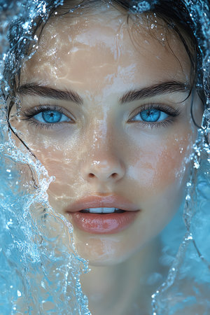 A stunning beauty portrait of a woman with water splashes surrounding her, symbolizing purity and skincareの素材