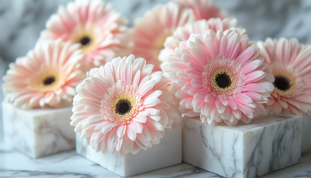 Chic pink and white gerbera flowers alongside marble blocks for stylish decorの素材