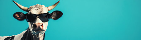 A cool cow with sunglasses posing with a sassy attitude on a teal backgroundの素材