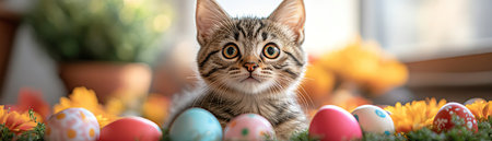 A curious kitten sits surrounded by colorful Easter eggs and a vibrant display of spring flowers in soft sunlightの素材