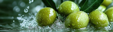 A Green olives fresh from the tree make a splash in water, symbolizing freshness and purityの素材