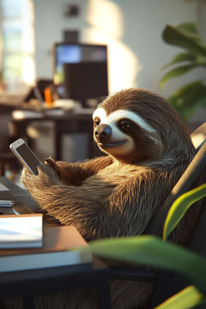 A relaxed sloth using a smartphone while comfortably settled in an office environmentの素材