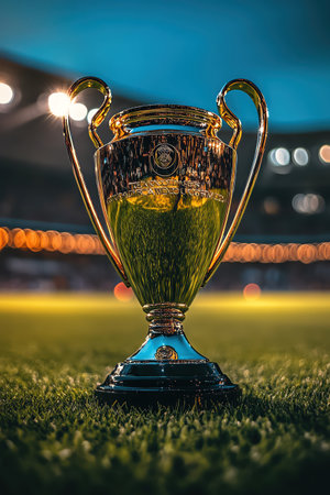A prestigious soccer trophy displayed on a field with stadium lights, evoking a sense of achievement and celebrationの素材