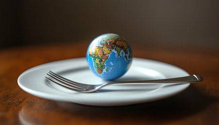 A small globe on a white plate with a fork, concept representing world hunger and food scarcityの素材