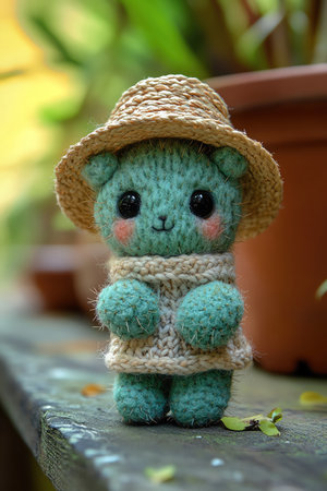 Adorable mini cactus wearing a tiny straw hatの素材