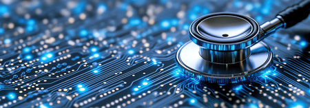 A stethoscope on a digital circuit board background, representing the integration of healthcare and advanced digital technologyの素材
