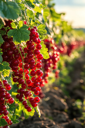 Rows of red currants shining under bright skyの素材