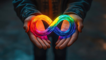 A childs hands carefully holding a glowing rainbowcolored infinity symbol, portraying concepts of endless possibilities and imaginationの素材