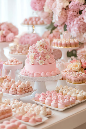 A pinkthemed dessert table filled with cakes and sweets, beautifully arranged for a special celebration or eventの素材