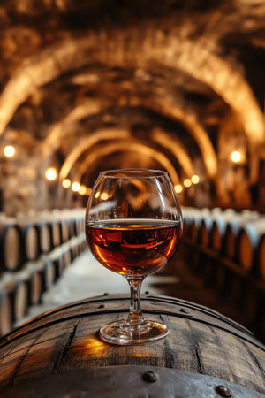A single glass of brandy on a wooden barrel in a traditional wine cellar ambianceの素材
