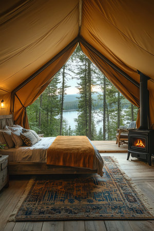 A rustic and inviting tent interior furnished with a comfortable bed, a wood stove, and a captivating forest view at duskの素材