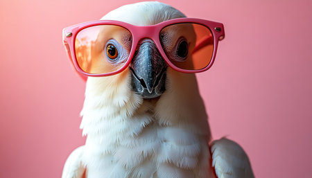 A white cockatoo radiating cool vibes with pink sunglasses, posed against a soft pink backgroundの素材