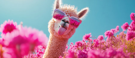 Alpaca in mirrored glasses sticking tongue out, neon hillside of flowersの素材