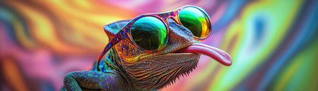 Chameleon in reflective sunglasses tongue out, psychedelic swirl backdropの素材