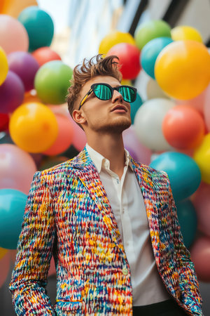 Fashionforward man making a bold statement in a multicolored jacket amidst a fun background of colorful balloonsの素材