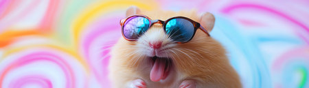 Hamster with tiny shades sticking tongue out, pastel candy swirl backgroundの素材
