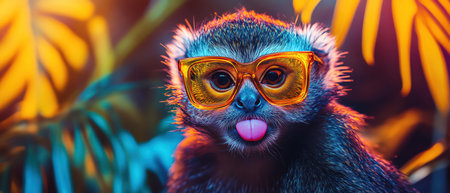 Marmoset in funky glasses tongue out, neon South American plantsの素材