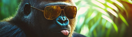 Gorilla wearing shades tongue out, vivid jungle canopy behindの素材