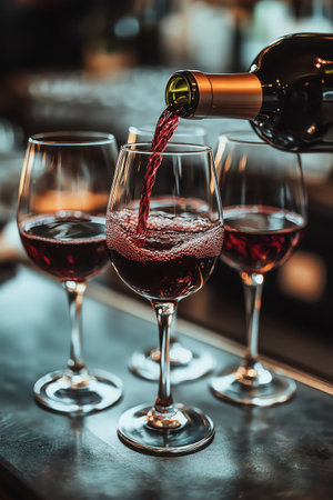 Pouring a vibrant red wine into elegant glasses at a sophisticated bar settingの素材