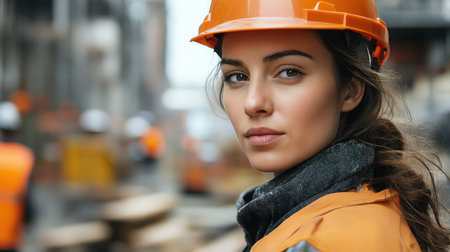 Portrait of a focused female engineer wearing a hard hat at a busy construction siteの素材